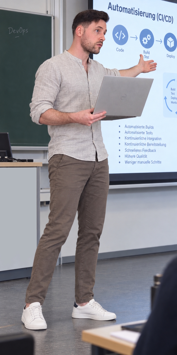Pascal Pausch erklärt Softwareentwicklung an einer Präsentation